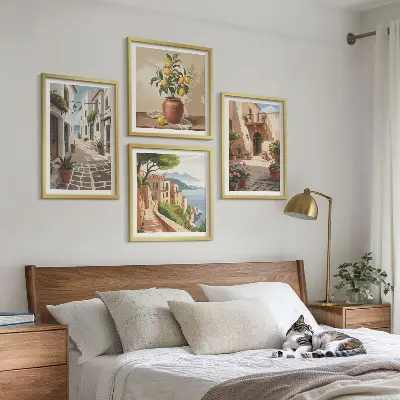 Multi-piece wall decor set featuring streets, houses, plants, and pots