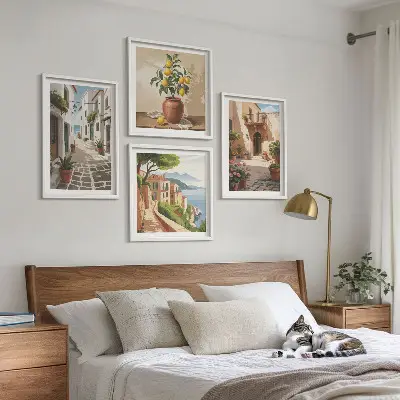 Multi-piece wall decor set featuring streets, houses, plants, and pots