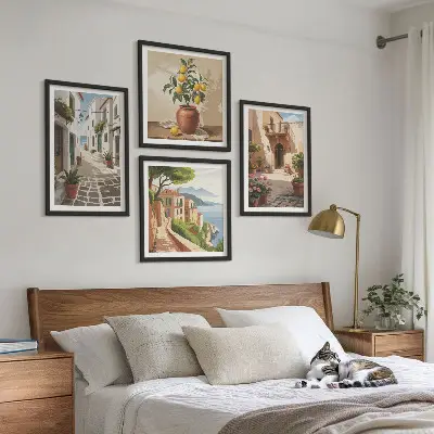 Multi-piece wall decor set featuring streets, houses, plants, and pots