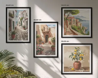 Multi-piece wall decor set featuring streets, houses, plants, and pots