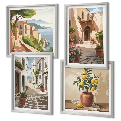 Multi-piece wall decor set featuring streets, houses, plants, and pots