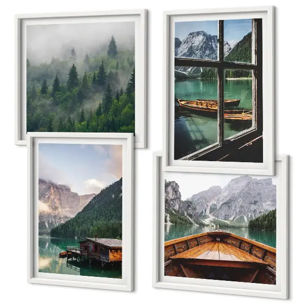 Wall art set featuring mountain lake and rustic cottages