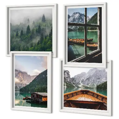 Wall art set featuring mountain lake and rustic cottages