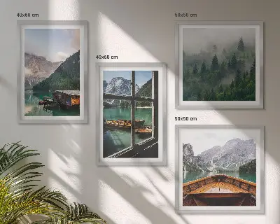 Wall art set featuring mountain lake and rustic cottages