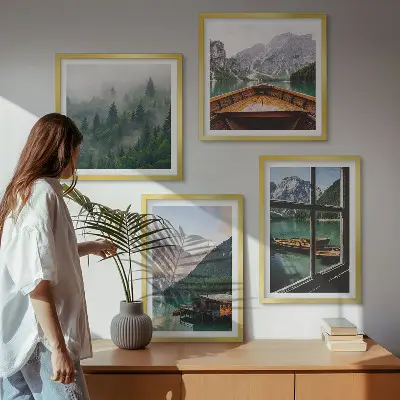 Wall art set featuring mountain lake and rustic cottages
