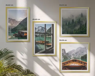 Wall art set featuring mountain lake and rustic cottages