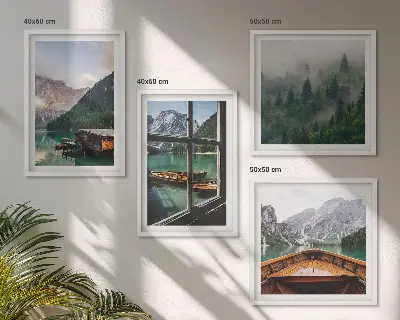 Wall art set featuring mountain lake and rustic cottages
