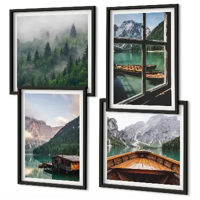 Wall art set featuring mountain lake and rustic cottages
