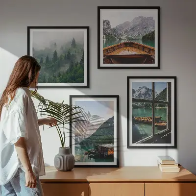Wall art set featuring mountain lake and rustic cottages