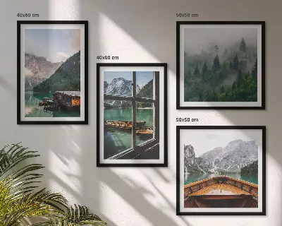 Wall art set featuring mountain lake and rustic cottages