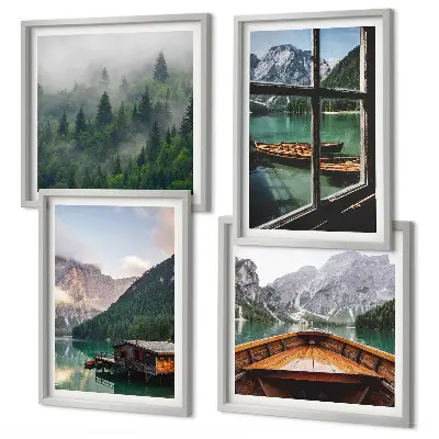 Wall art set featuring mountain lake and rustic cottages
