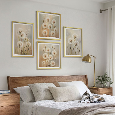 Set of 4 wall art pieces White dandelions on a light background