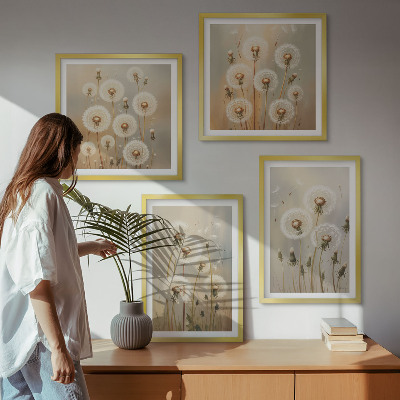 Set of 4 wall art pieces White dandelions on a light background
