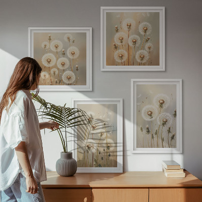 Set of 4 wall art pieces White dandelions on a light background