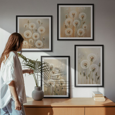 Set of 4 wall art pieces White dandelions on a light background