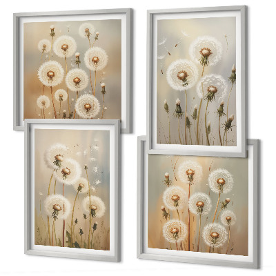 Set of 4 wall art pieces White dandelions on a light background