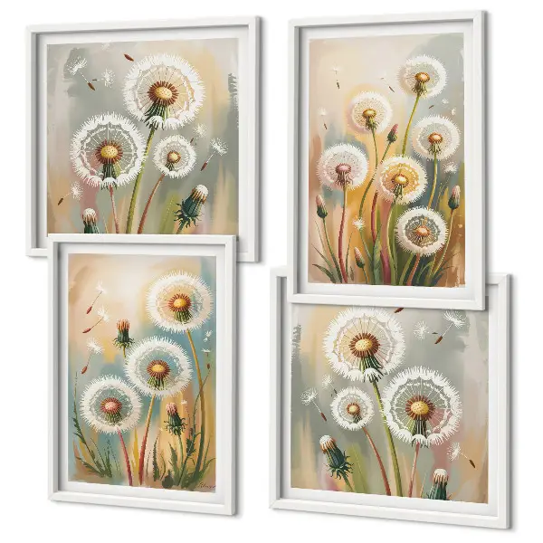 Wall art set dandelion flowers with pastel grasses