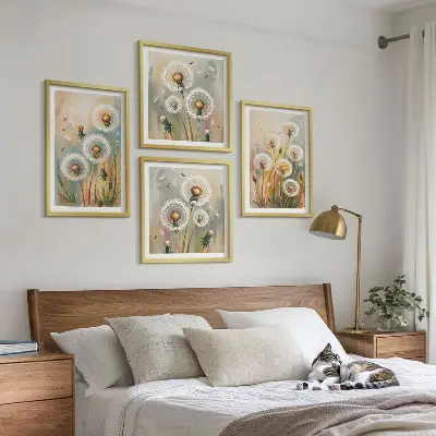 Wall art set dandelion flowers with pastel grasses