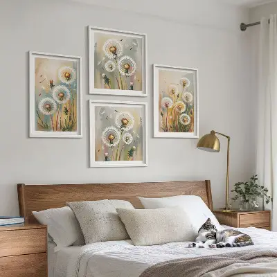 Wall art set dandelion flowers with pastel grasses
