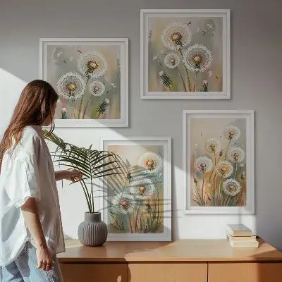 Wall art set dandelion flowers with pastel grasses