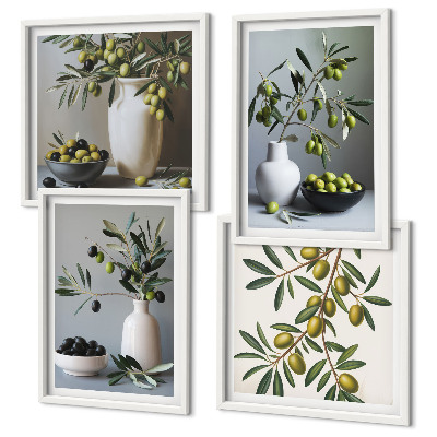 Set of 4 wall art pieces Olives in vases in subdued colors