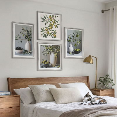 Set of 4 wall art pieces Olives in vases in subdued colors