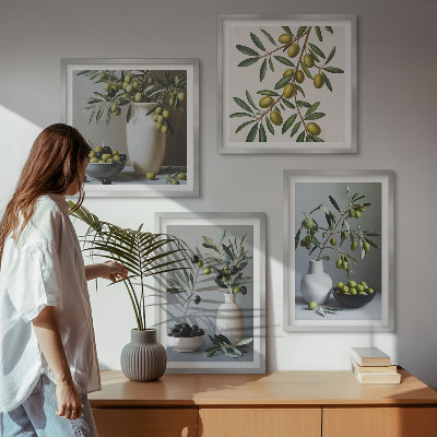 Set of 4 wall art pieces Olives in vases in subdued colors