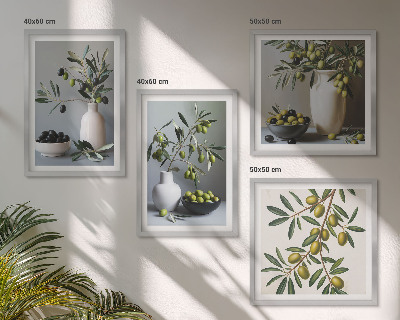 Set of 4 wall art pieces Olives in vases in subdued colors