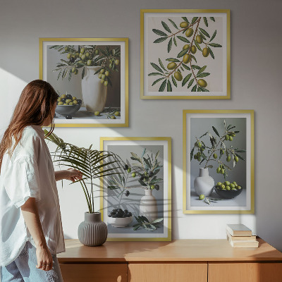 Set of 4 wall art pieces Olives in vases in subdued colors