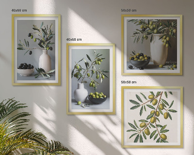Set of 4 wall art pieces Olives in vases in subdued colors