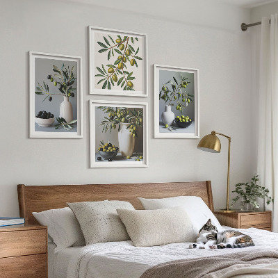Set of 4 wall art pieces Olives in vases in subdued colors