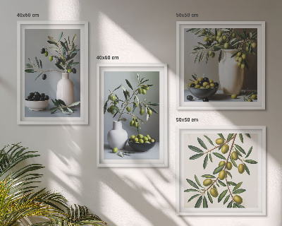 Set of 4 wall art pieces Olives in vases in subdued colors