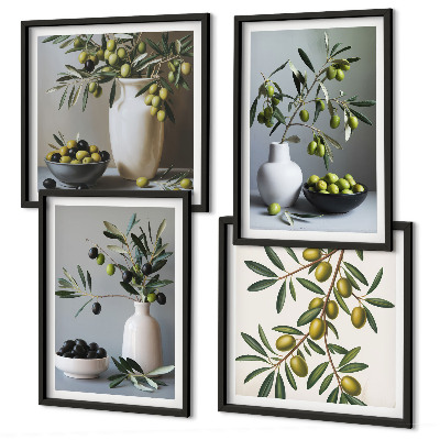Set of 4 wall art pieces Olives in vases in subdued colors