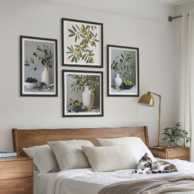 Set of 4 wall art pieces Olives in vases in subdued colors