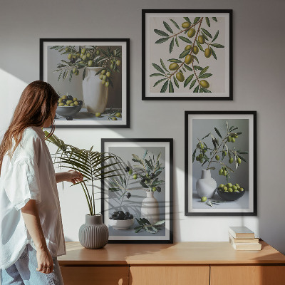 Set of 4 wall art pieces Olives in vases in subdued colors