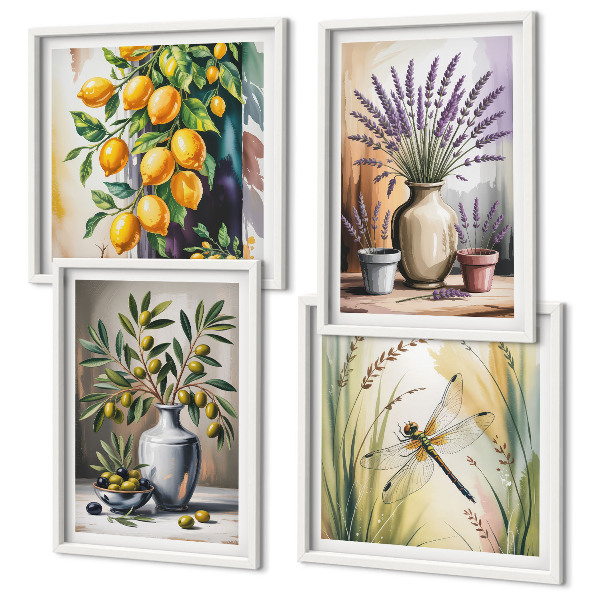 Set of 4 wall art pieces Olive flowers in vases nature
