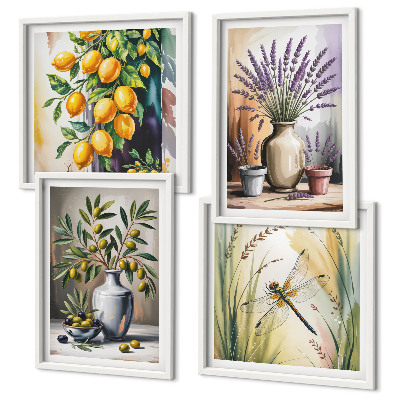 Set of 4 wall art pieces Olive flowers in vases nature