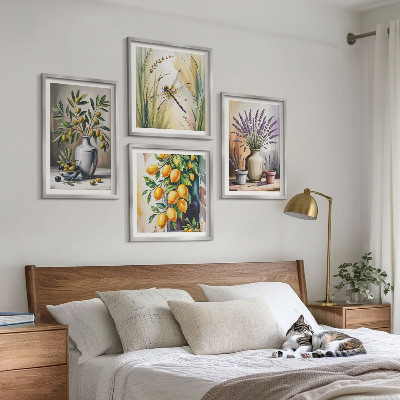 Set of 4 wall art pieces Olive flowers in vases nature