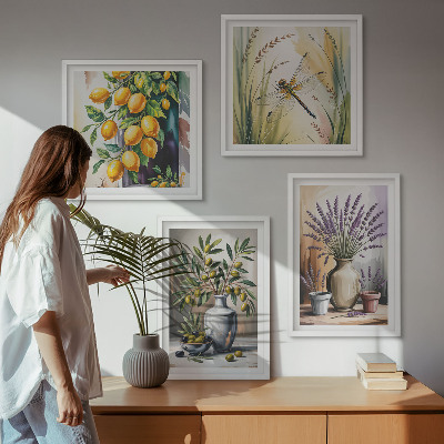 Set of 4 wall art pieces Olive flowers in vases nature