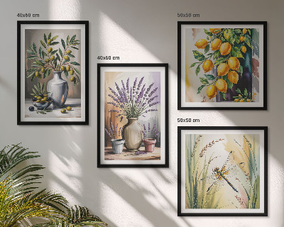 Set of 4 wall art pieces Olive flowers in vases nature