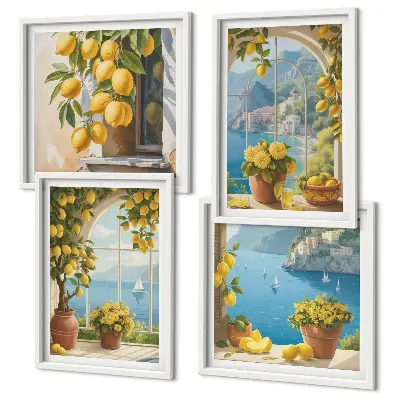 Wall art set featuring coastal landscapes, lemons, and windows
