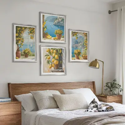 Wall art set featuring coastal landscapes, lemons, and windows