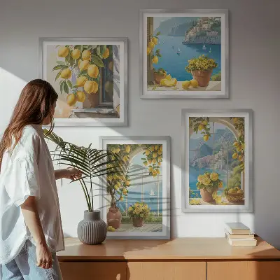 Wall art set featuring coastal landscapes, lemons, and windows