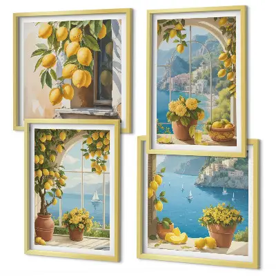 Wall art set featuring coastal landscapes, lemons, and windows