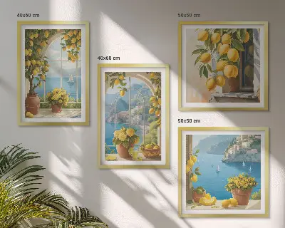 Wall art set featuring coastal landscapes, lemons, and windows