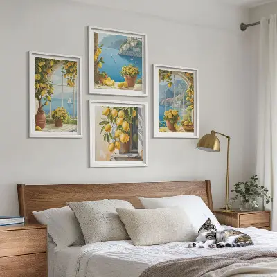 Wall art set featuring coastal landscapes, lemons, and windows