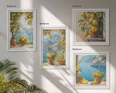 Wall art set featuring coastal landscapes, lemons, and windows