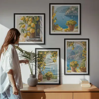 Wall art set featuring coastal landscapes, lemons, and windows
