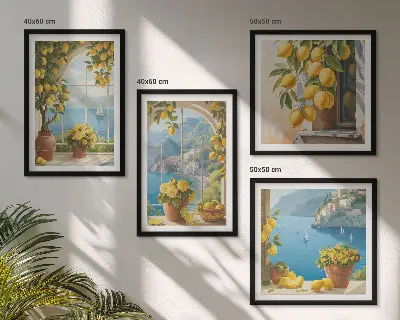 Wall art set featuring coastal landscapes, lemons, and windows