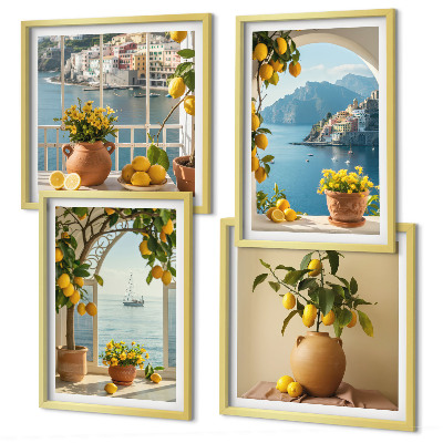 Set of 4 wall art pieces Sea town lemons flowers